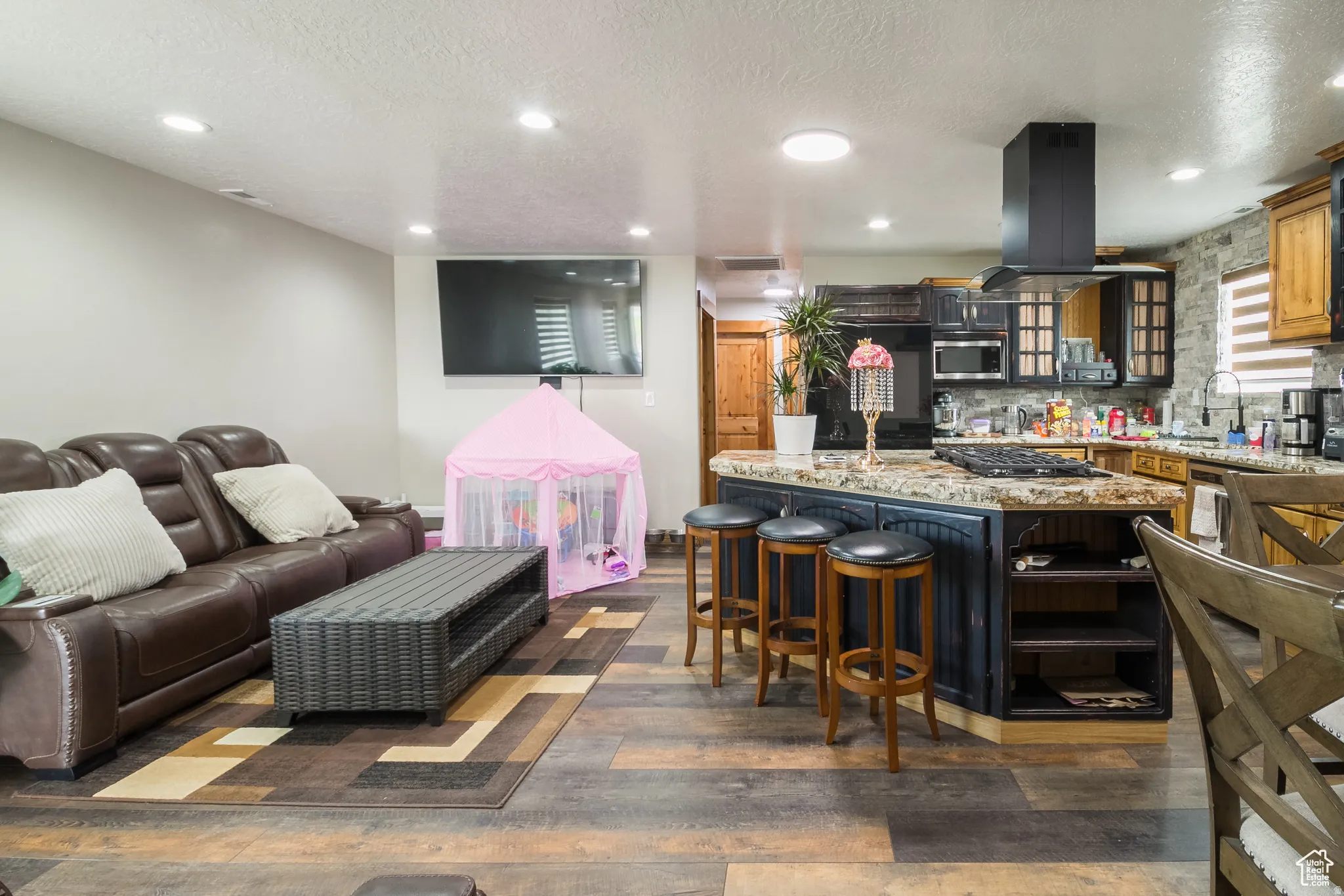 Open-concept living space featuring wood-finish flooring