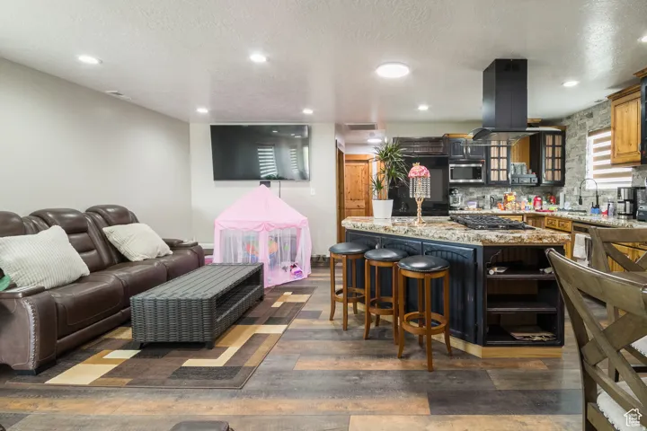 Open-concept living space featuring wood-finish flooring