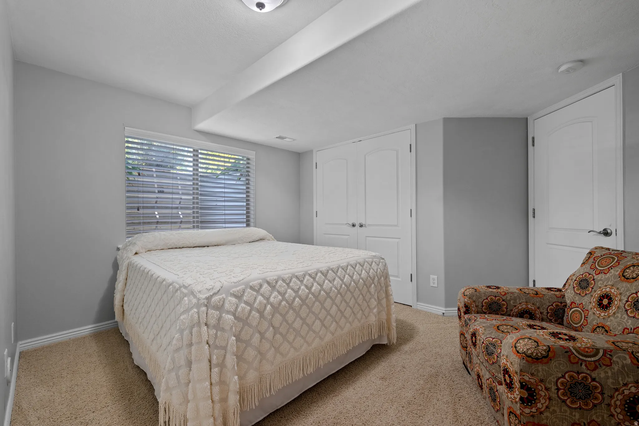 Spacious bedroom featuring light gray walls, plush carpet flooring, a window with blinds, and white interior doors