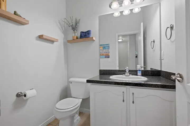 Vanity with dark countertop and undermount sink, framed by a large wall mirror and overhead light fixture