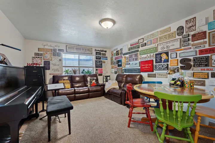 Carpeted interior space featuring a ceiling-mounted light fixture, horizontal window blinds, and a built-in wall display