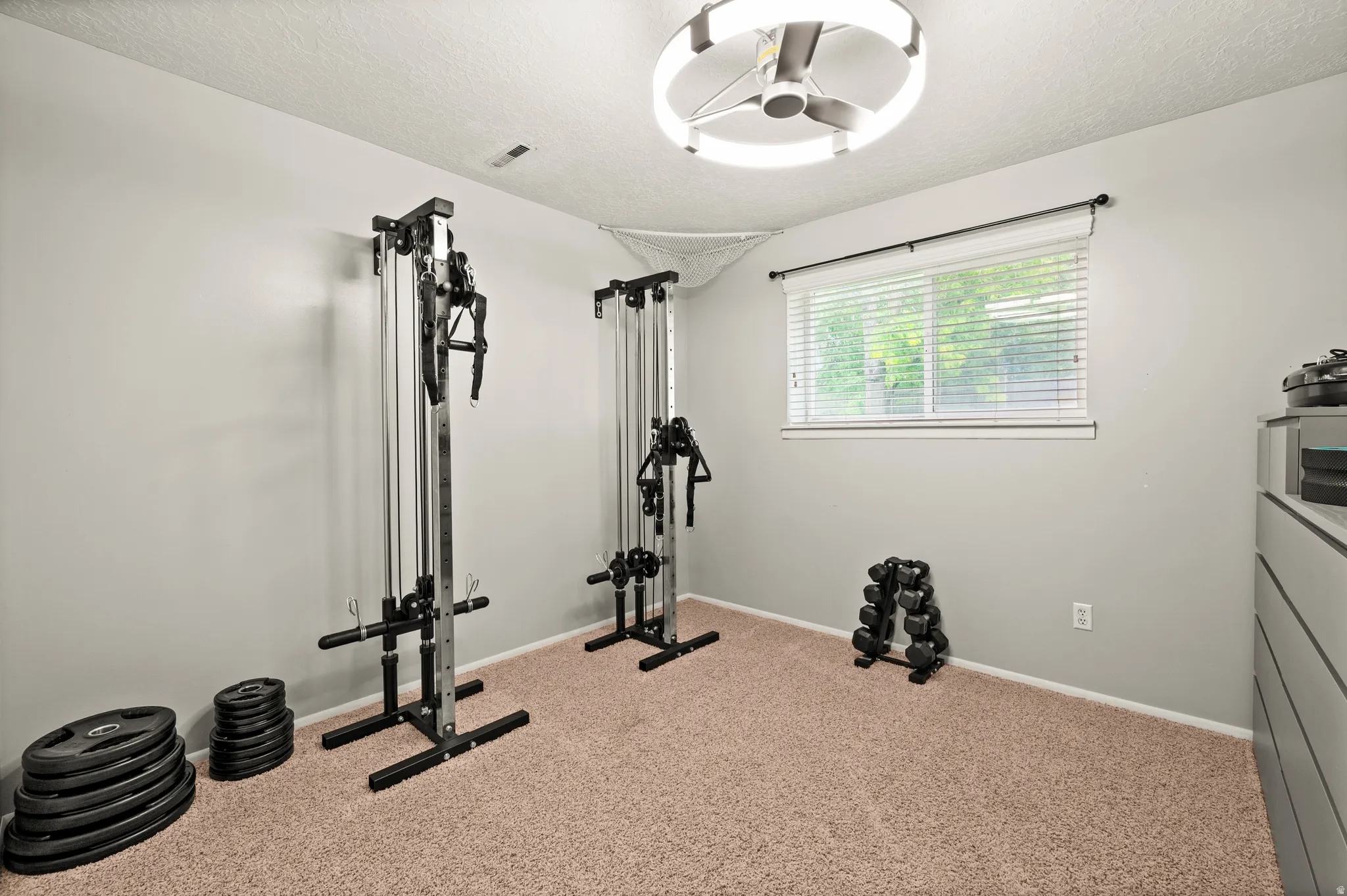 Bright room featuring a window with blinds, a modern ceiling light fixture with a fan, light-colored walls, and carpeting