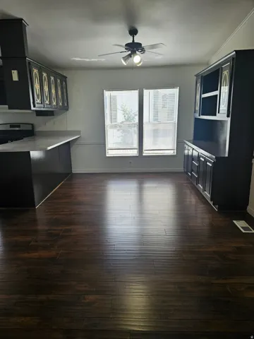 Kitchen and dining area featuring dark wood-finish flooring, two large windows, a ceiling fan with integrated lighting, and dark cabinetry with gold-toned accents