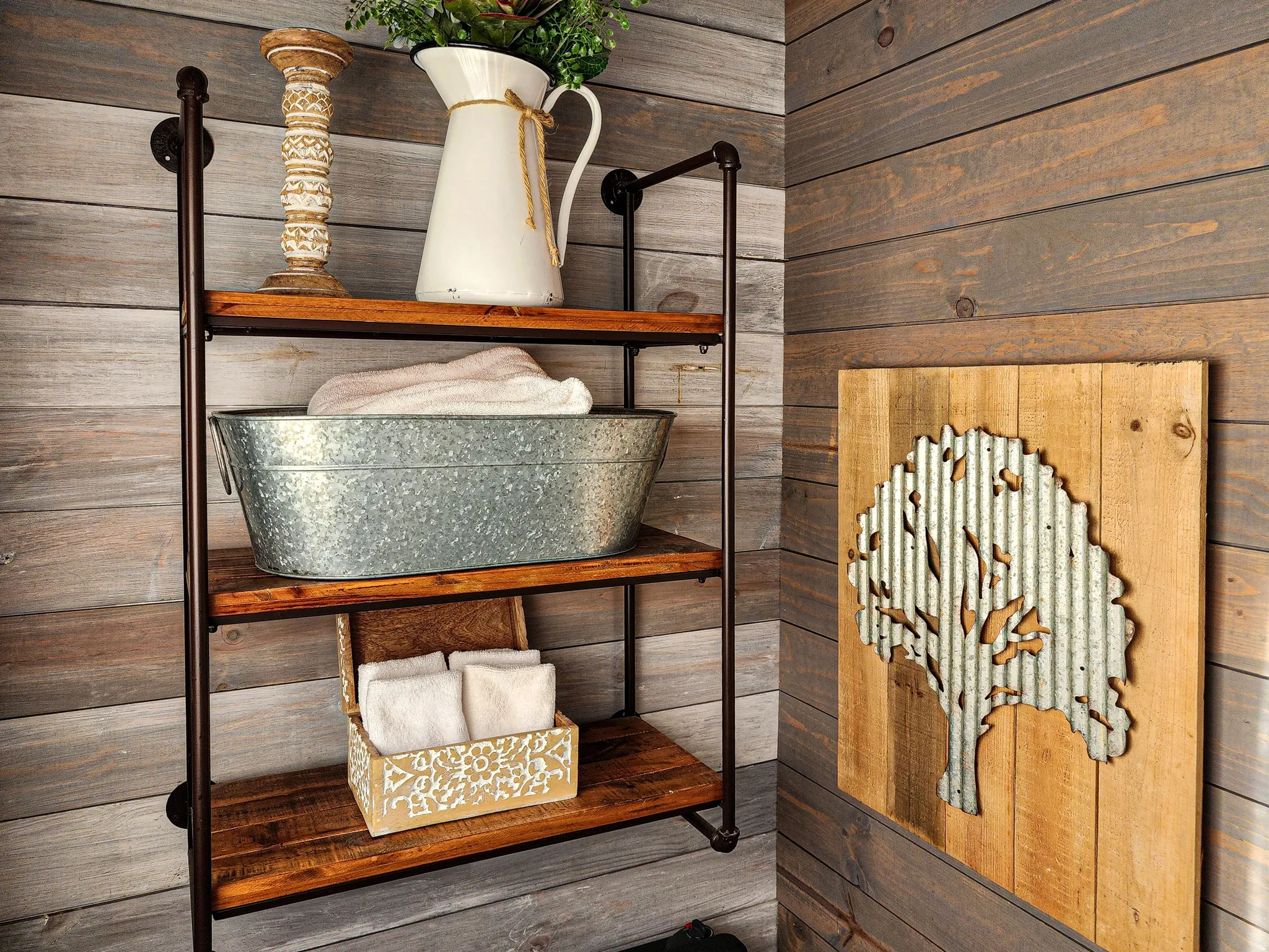 Wood-paneled wall with a multi-tiered shelving unit