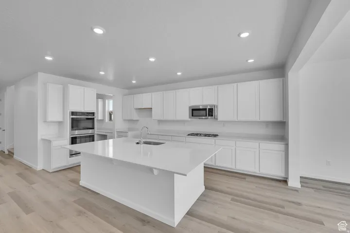 Open-concept kitchen featuring an expansive central island with an undermount sink, white cabinetry, integrated stainless steel appliances, and wood-finish flooring