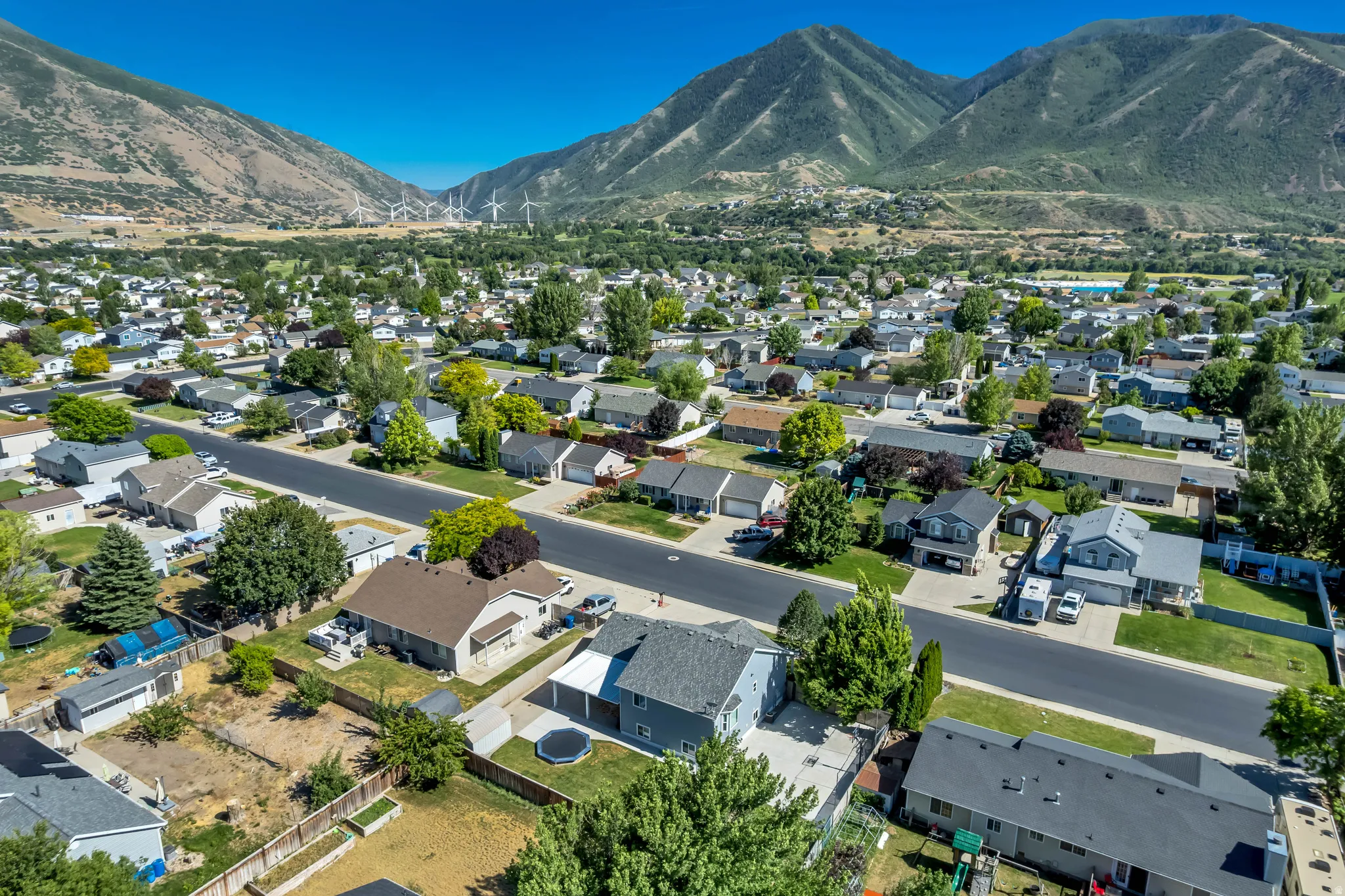Expansive neighborhood setting featuring a mix of residential properties, tree-lined streets, and a backdrop of verdant mountains
