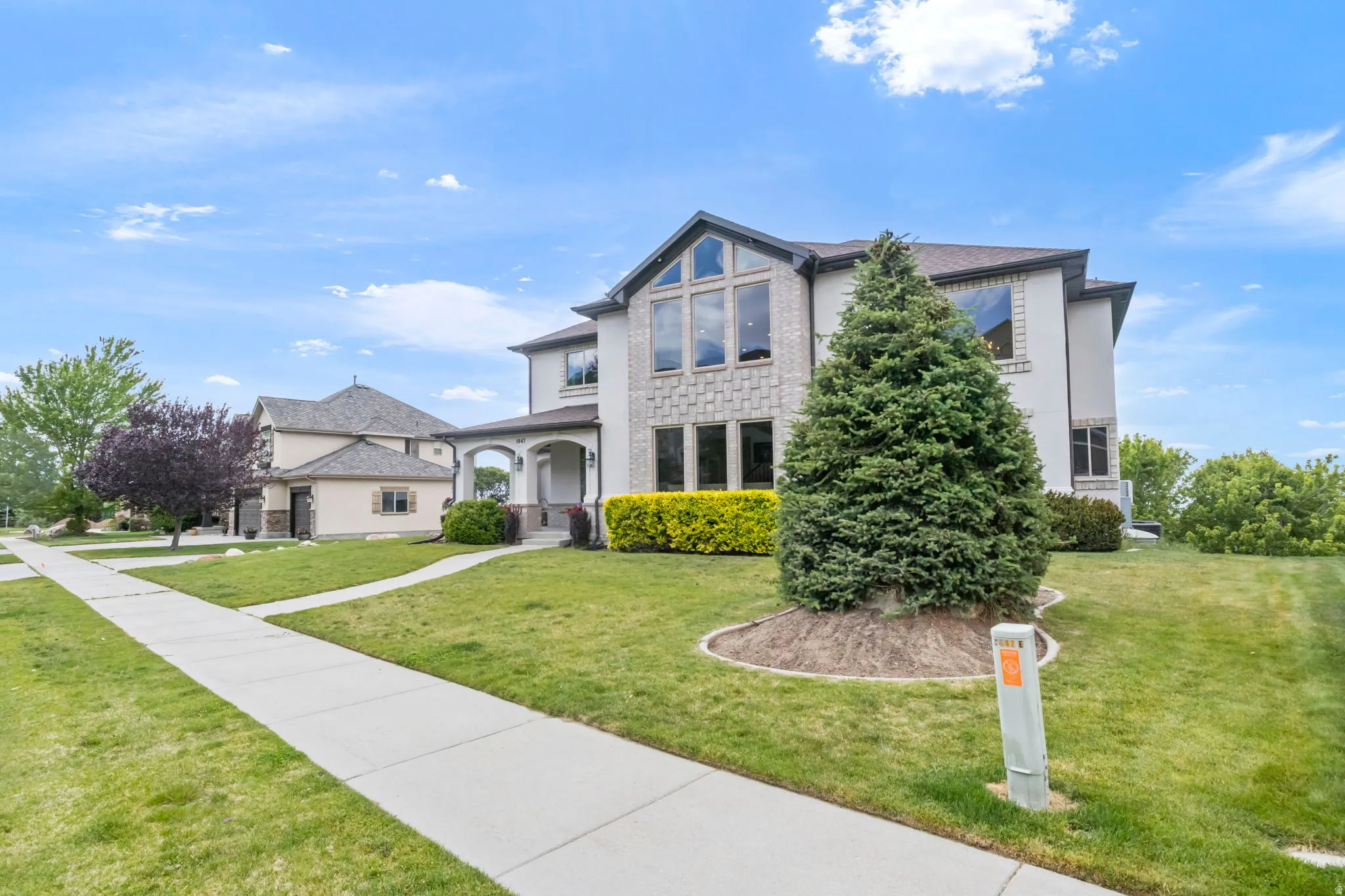 Stately two-story residence featuring a striking stone and stucco facade, a prominent arched entry, and a multi-level roofline