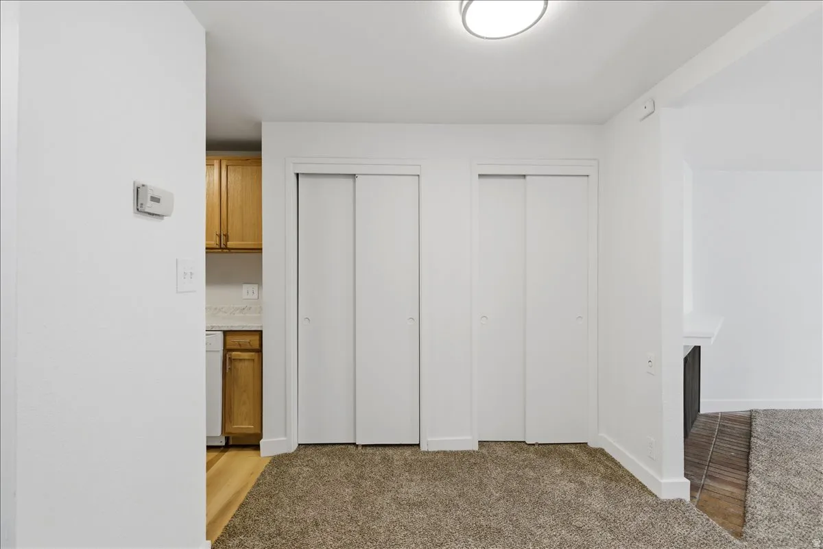 Carpeted area with two white sliding closet doors