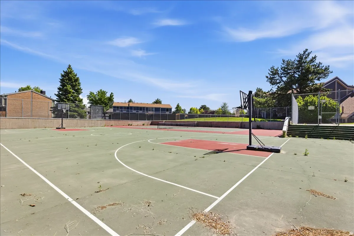 Multi-sport court featuring a basketball hoop and painted lines on green and red surface