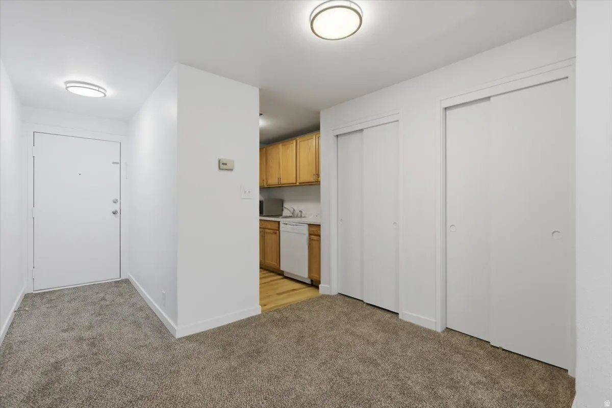 Entryway featuring carpet flooring and recessed lighting