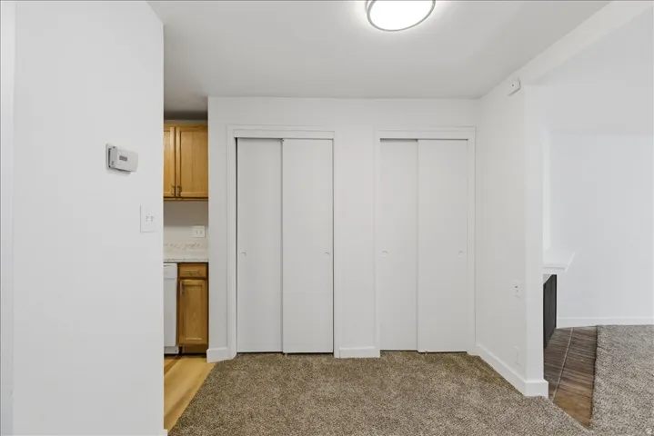 Carpeted area with two white sliding closet doors