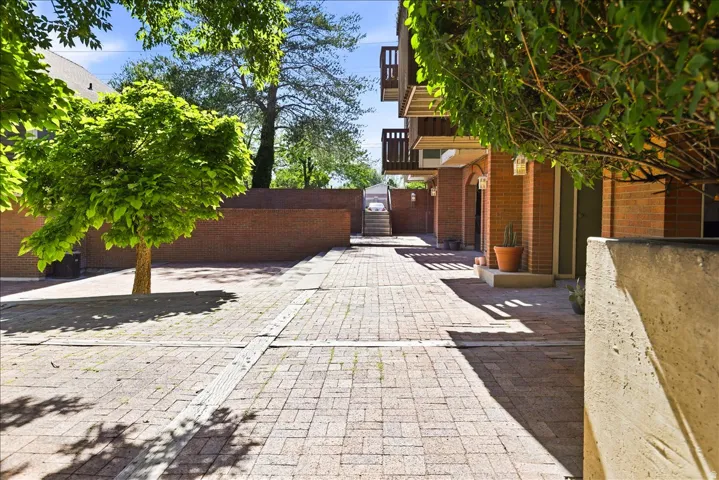 Brick paver walkway bordered by established trees and brick buildings