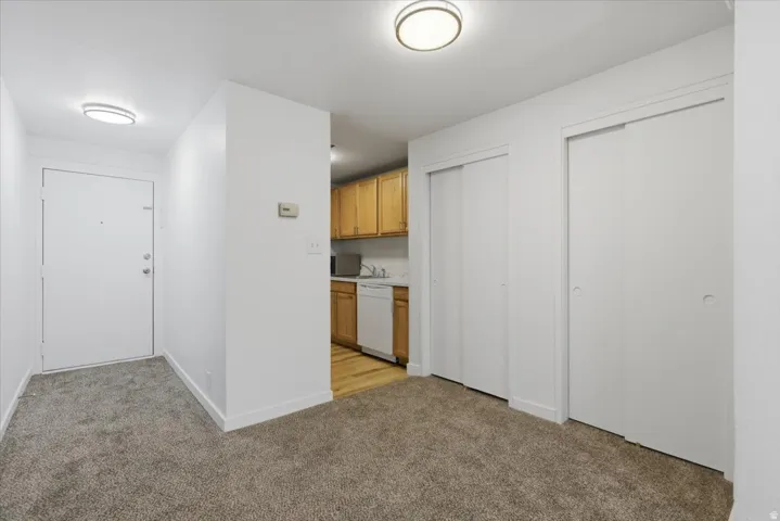 Entryway featuring carpet flooring and recessed lighting