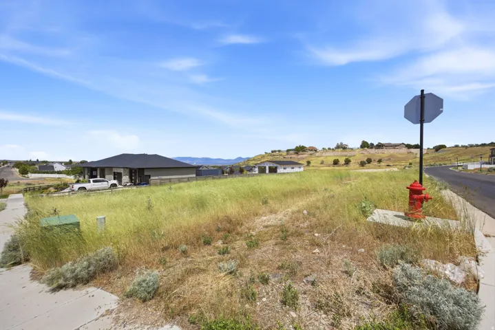 Expansive undeveloped parcel featuring existing sidewalk and paved road access, with utilities present at the curb