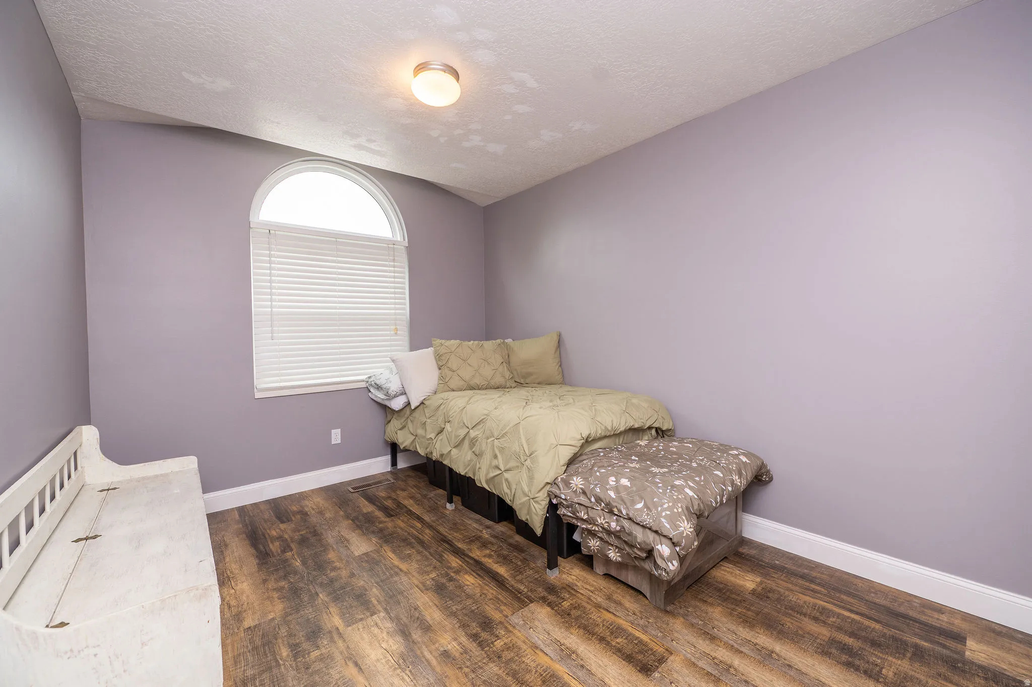 Arched window with blinds, wood-finish flooring, purple wall paint, white baseboards, and a ceiling-mounted light fixture