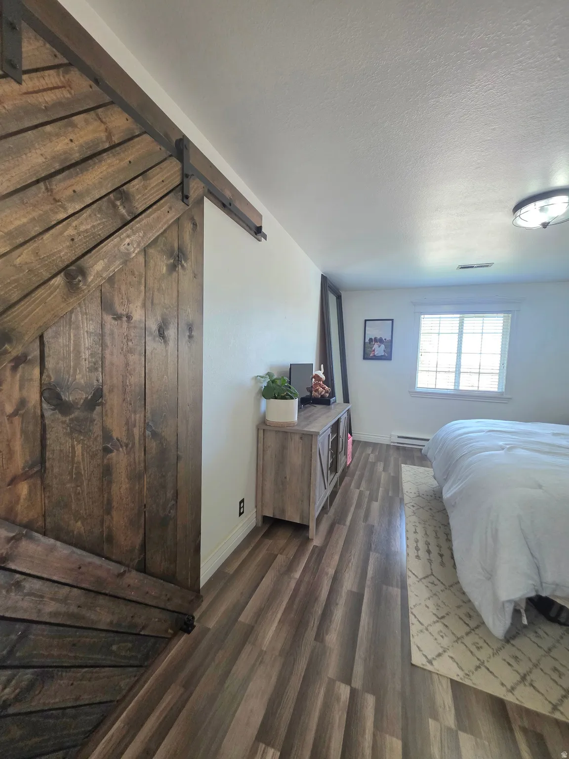 Wood-finish flooring throughout, featuring a natural wood barn door with black hardware, white baseboards, and a contemporary ceiling light fixture
