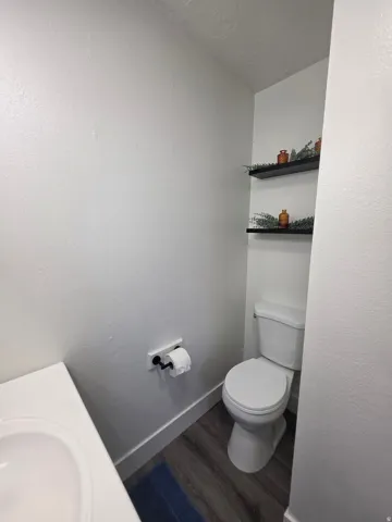 Compact powder room featuring a white toilet, integrated sink vanity, and wood-finish flooring