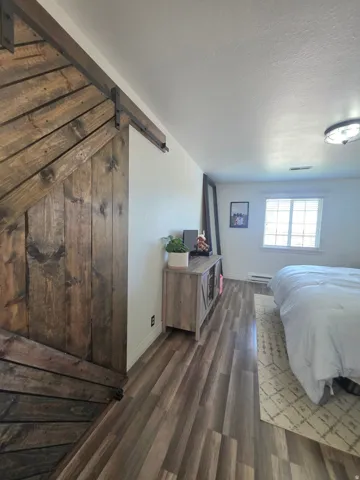 Wood-finish flooring throughout, featuring a natural wood barn door with black hardware, white baseboards, and a contemporary ceiling light fixture