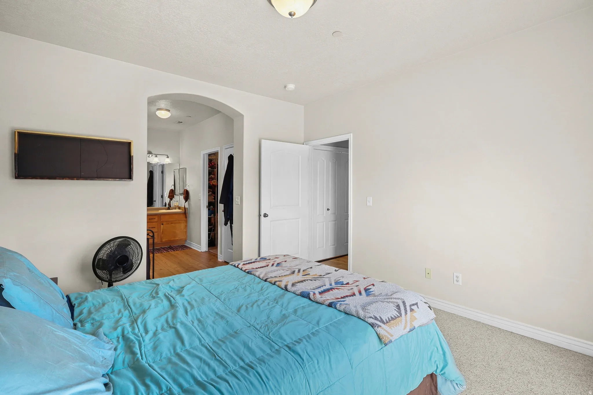 Carpeted room with light-toned walls and an arched doorway leading to a separate area