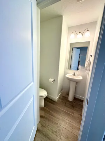 Powder room featuring wood-finish flooring, a pedestal sink, and a three-light vanity fixture