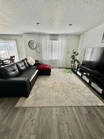 Open-concept living area featuring wood-finish flooring