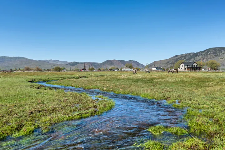 Meandering stream flowing through a lush green field with distant mountain ranges