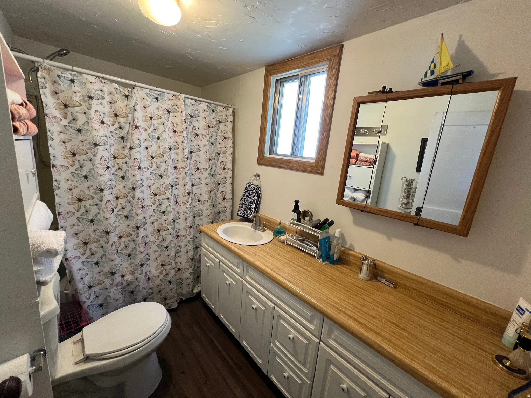 Bathroom featuring a single basin vanity with white cabinetry, wood-finish countertop, and wood-finish medicine cabinet