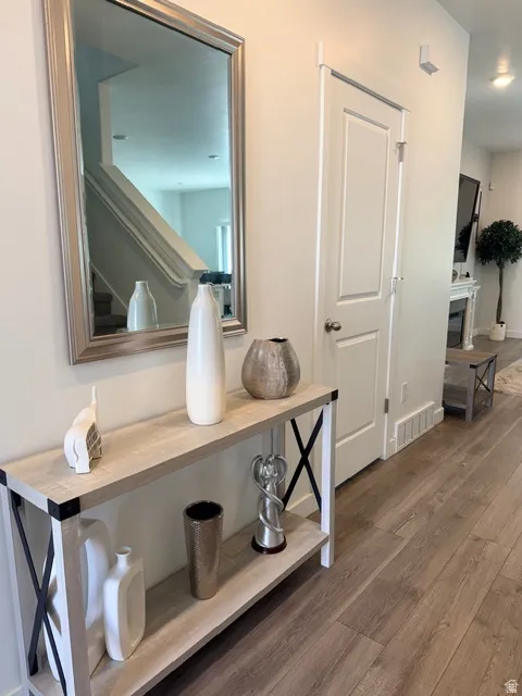 Light wood-finish flooring extending from the entryway