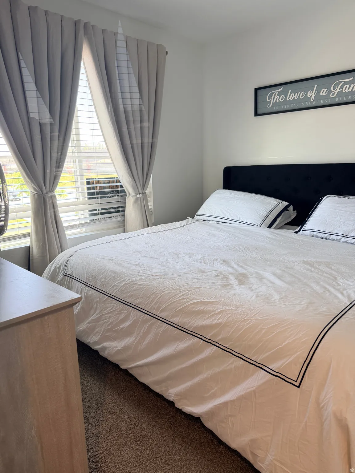 Bright interior space featuring a window with horizontal blinds and light-toned drapery, neutral wall paint, and a textured carpet
