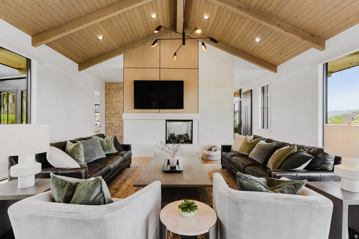 Vaulted wood-finish ceiling with exposed beams