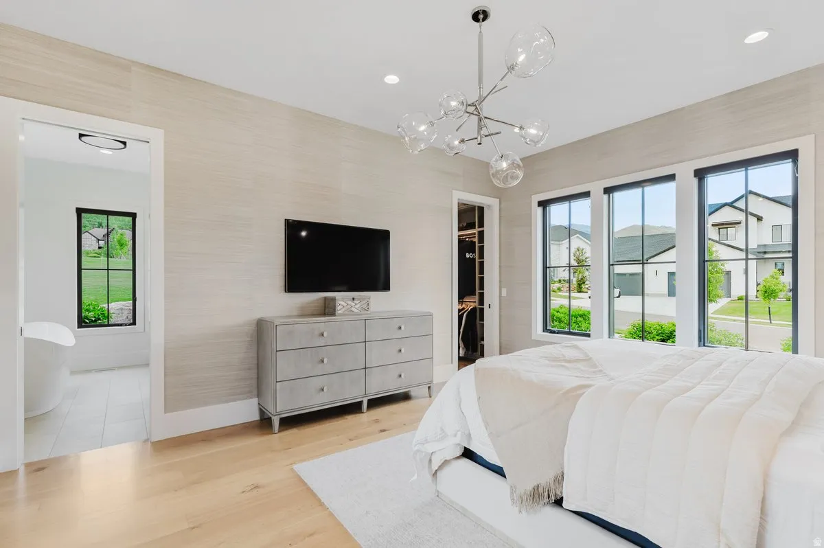 Wood-finish flooring complementing a textured accent wall
