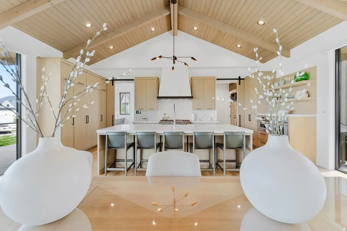 Vaulted ceiling with exposed wood beams