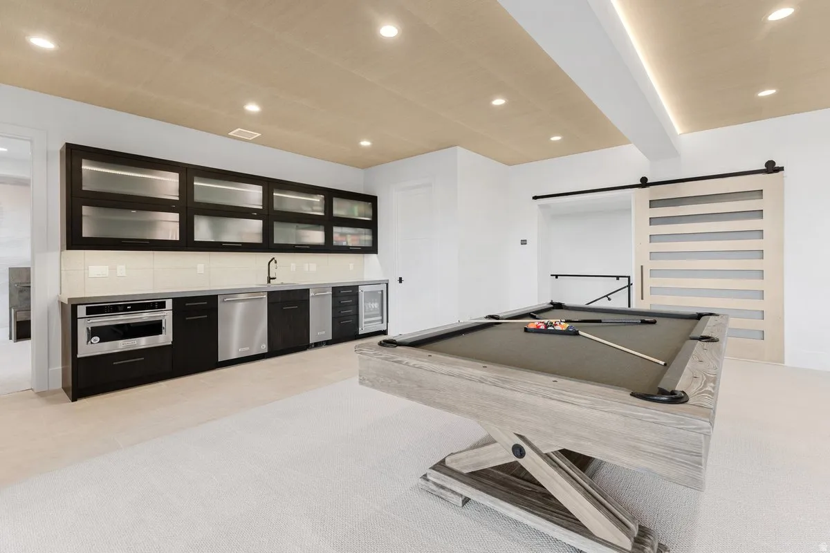 Recreation room featuring a pool table, light wood-finish ceiling, and recessed lighting