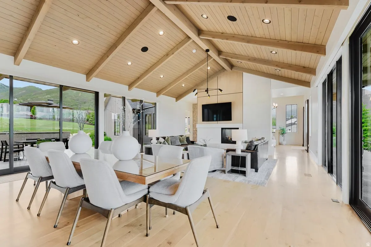 Vaulted wood-planked ceiling with exposed beams
