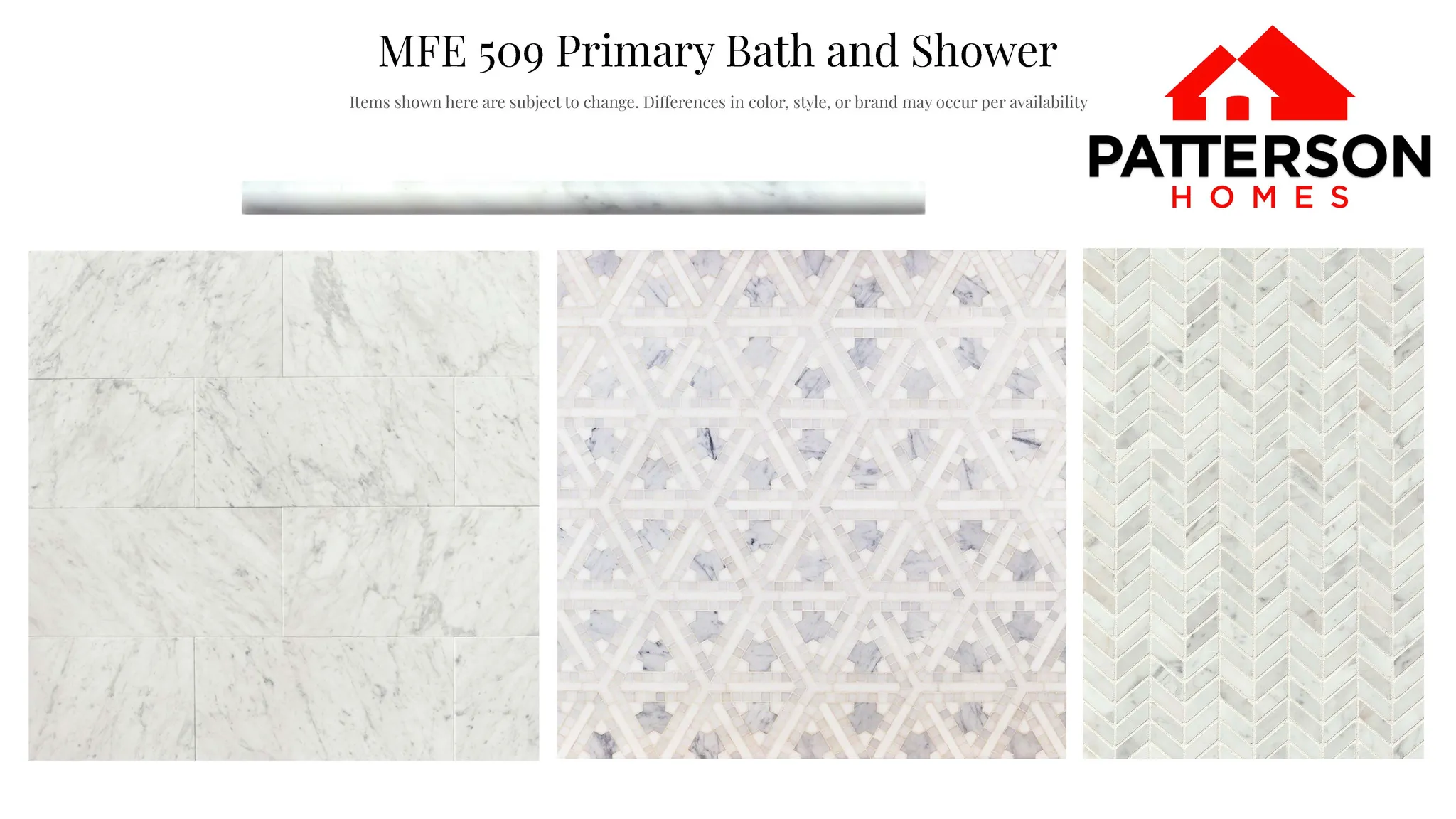 Design Specification Sheet. Presenting material options for the property's primary bath and shower, subject to change in color, style, or brand based on availability