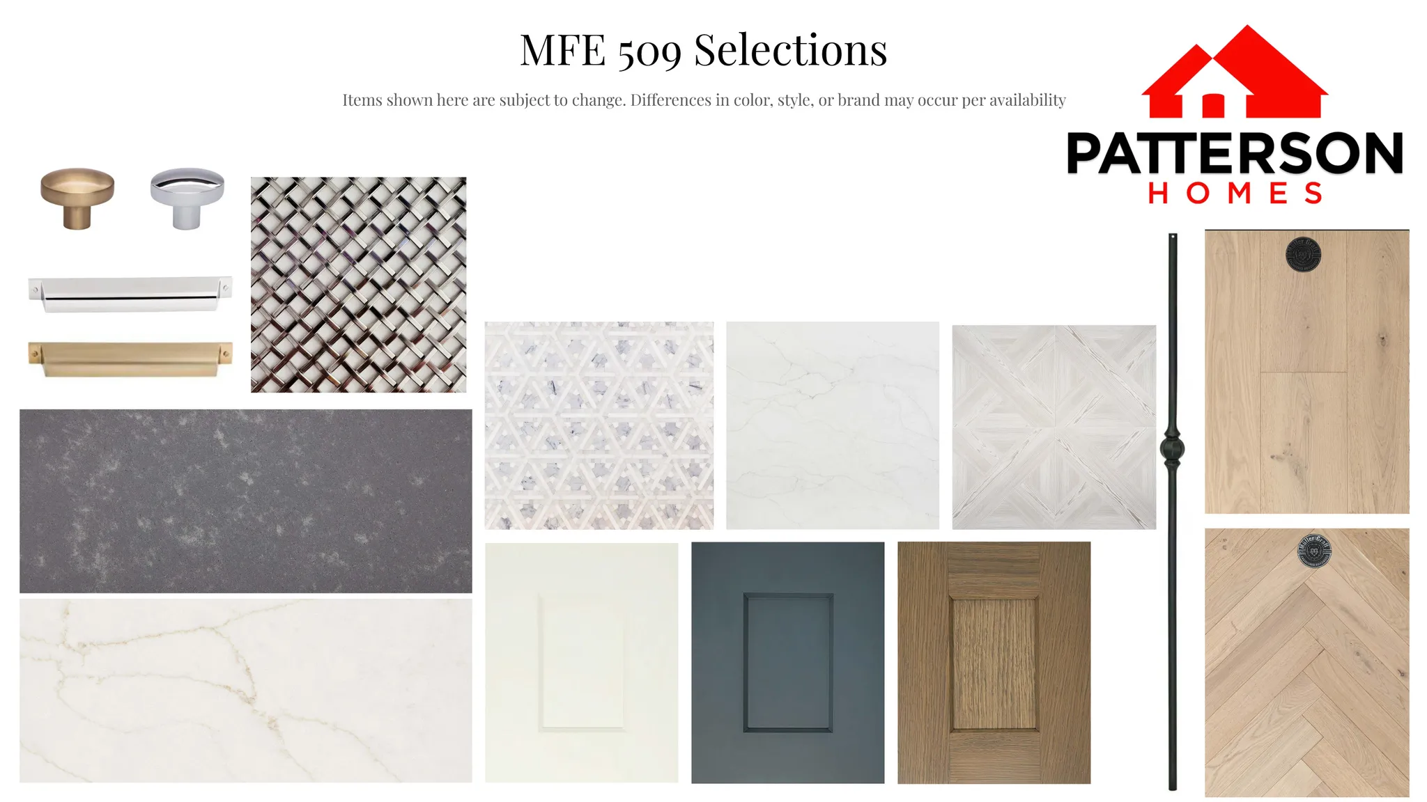 Material Selections Document. Illustrating various finishes and fixtures for the property