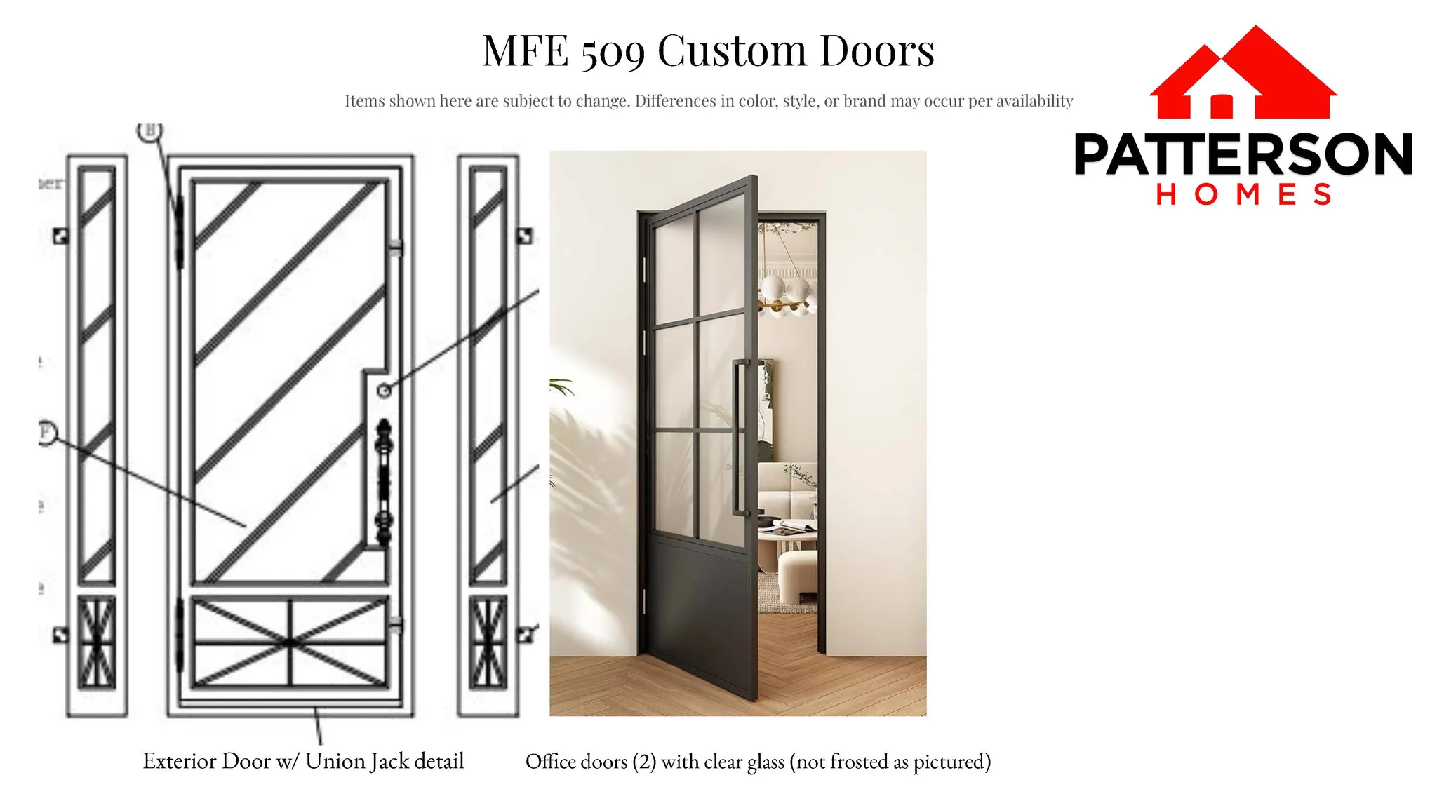 Product Specification Sheet. Detailing custom door options for the property