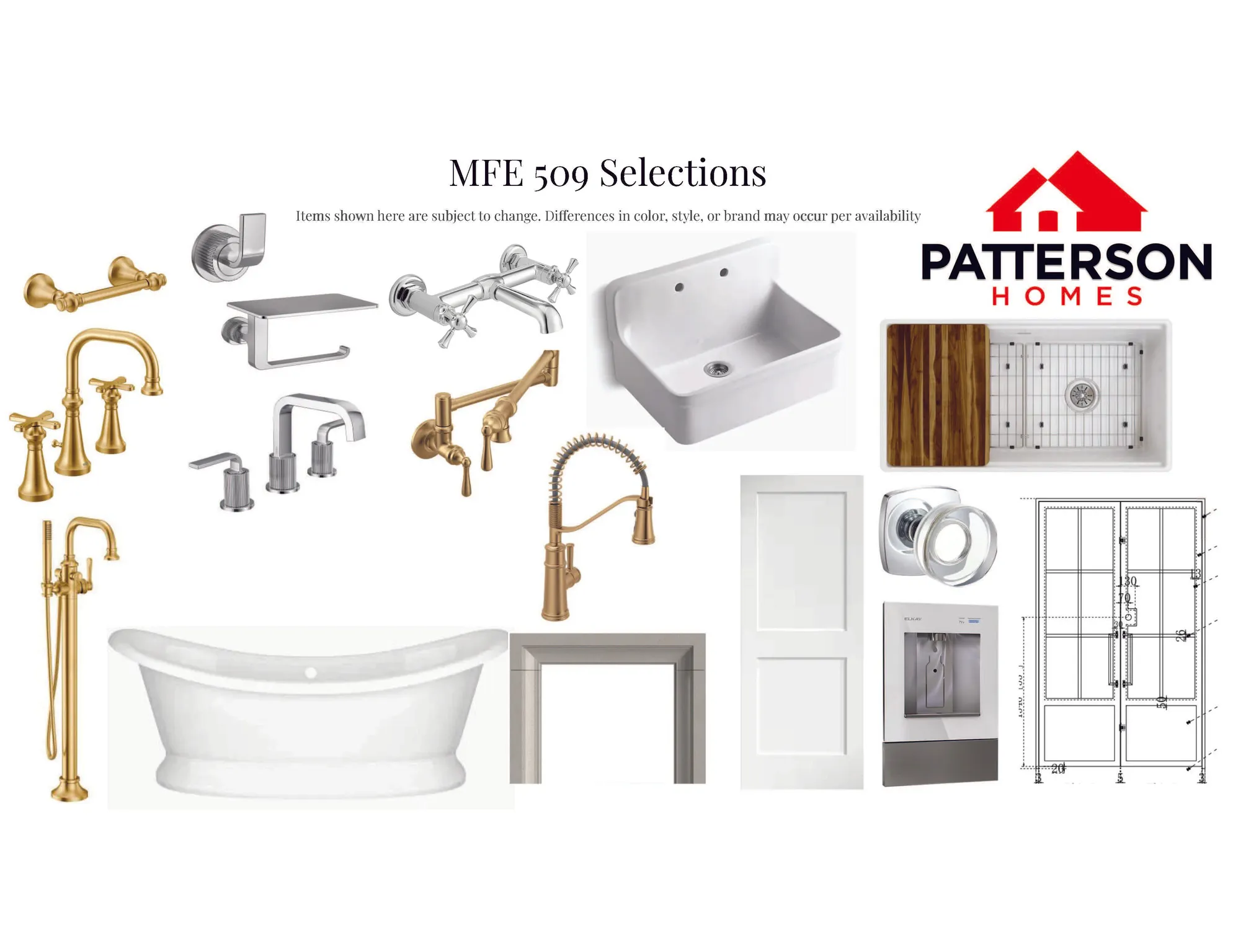 Product Selection Sheet. Displaying various fixtures and components for the property