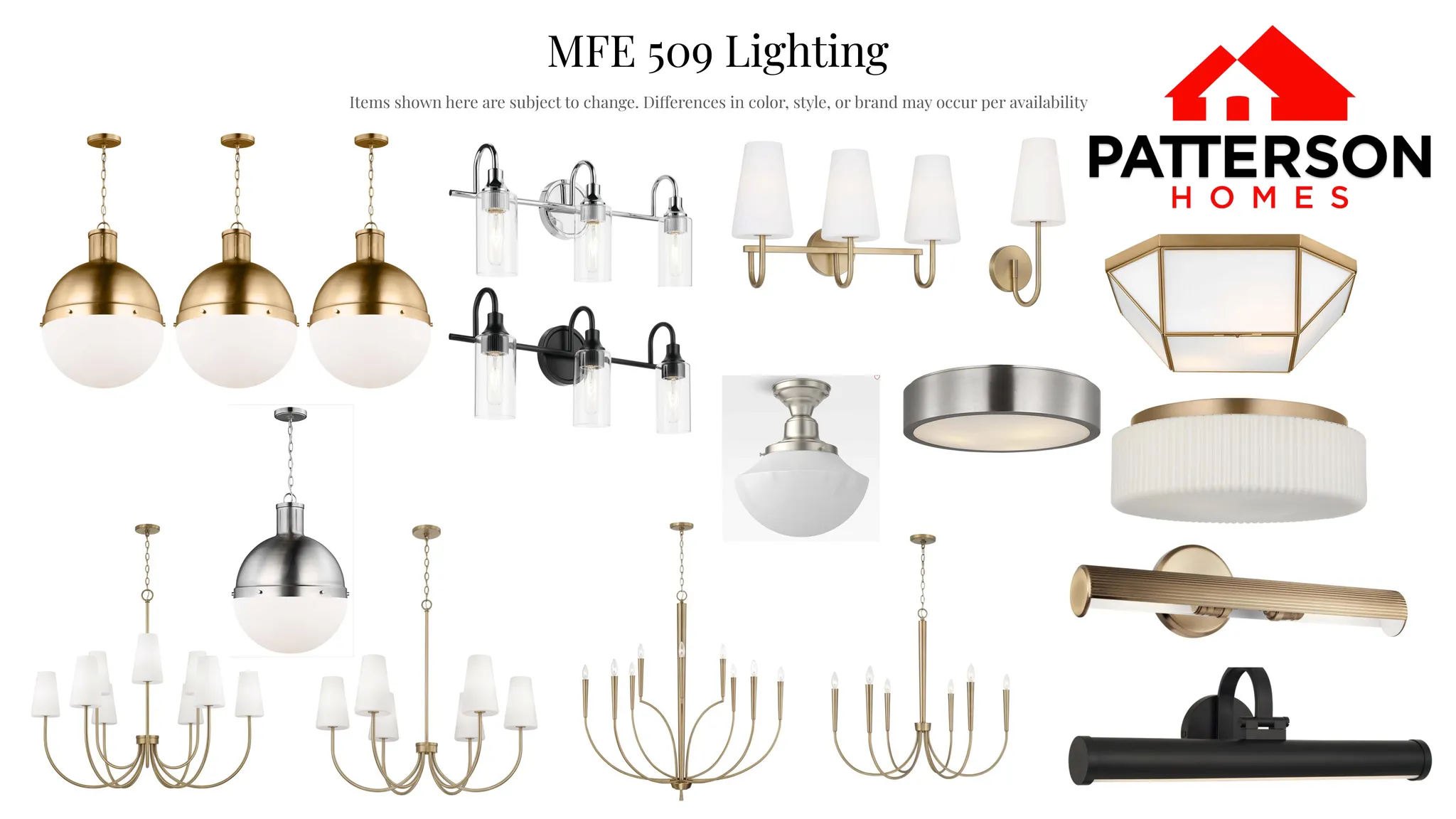 Lighting Specification Sheet. Displaying various lighting fixtures and their availability details