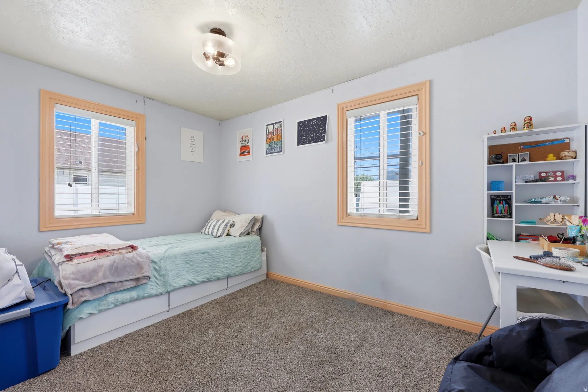 Light gray walls complement the neutral-toned carpeted flooring