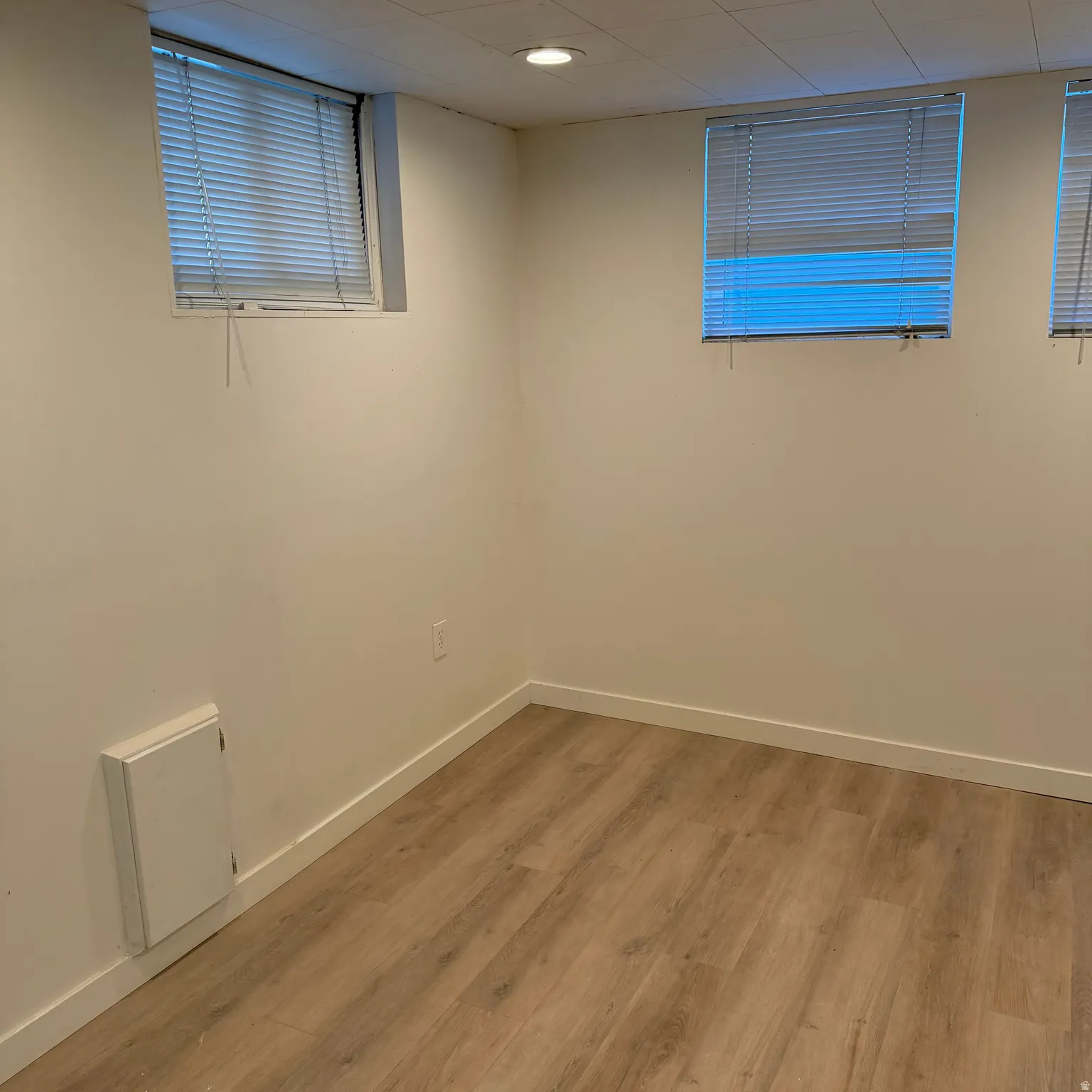 Room featuring light wood-finish flooring, white painted walls, and white baseboards