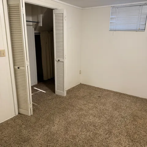 Carpeted room featuring a white painted wall finish, a window with blinds, and bi-fold louvered closet doors with a hanging rod