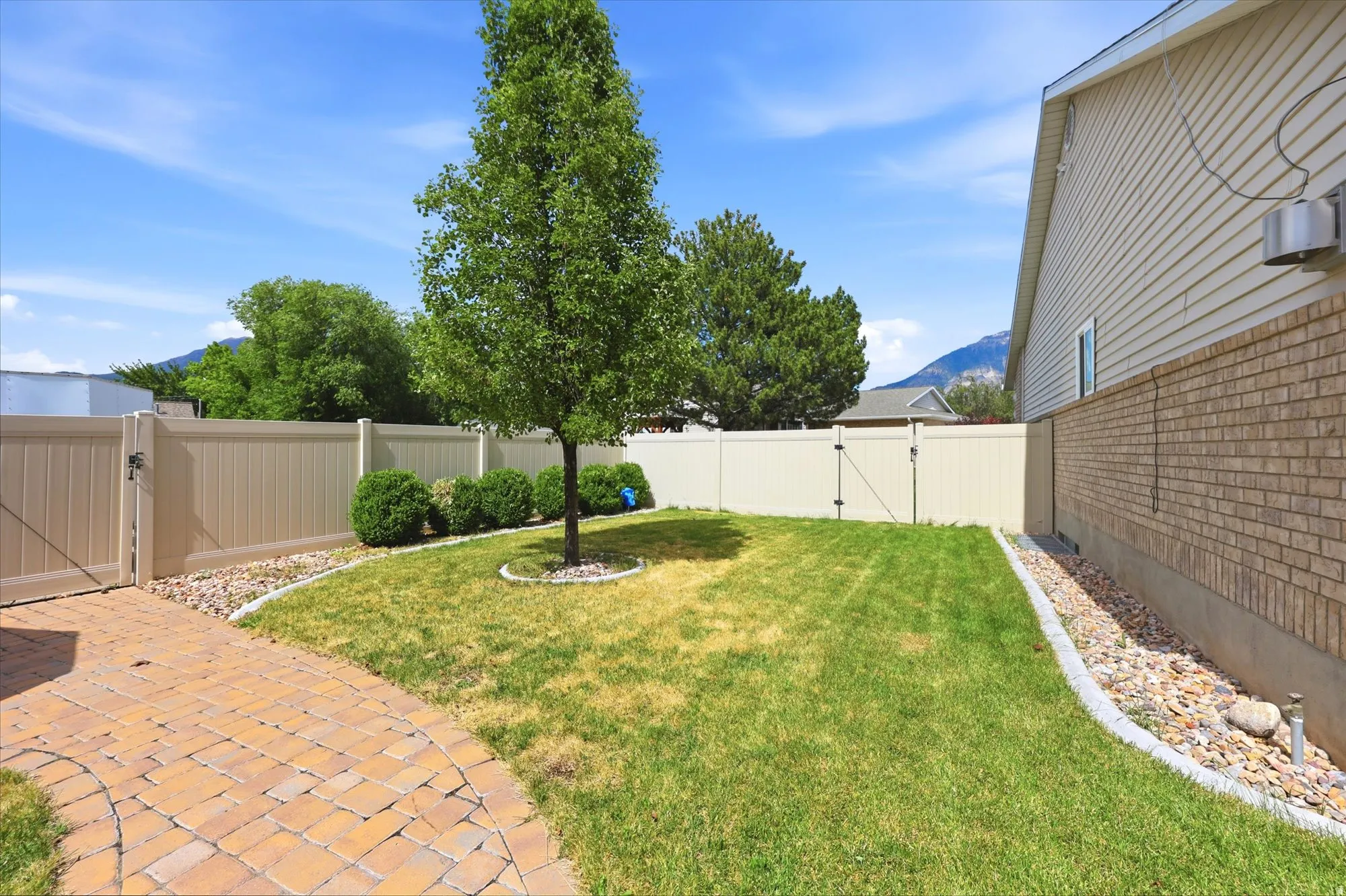 Expansive lawn area featuring a mature tree, paver patio, and vinyl fencing