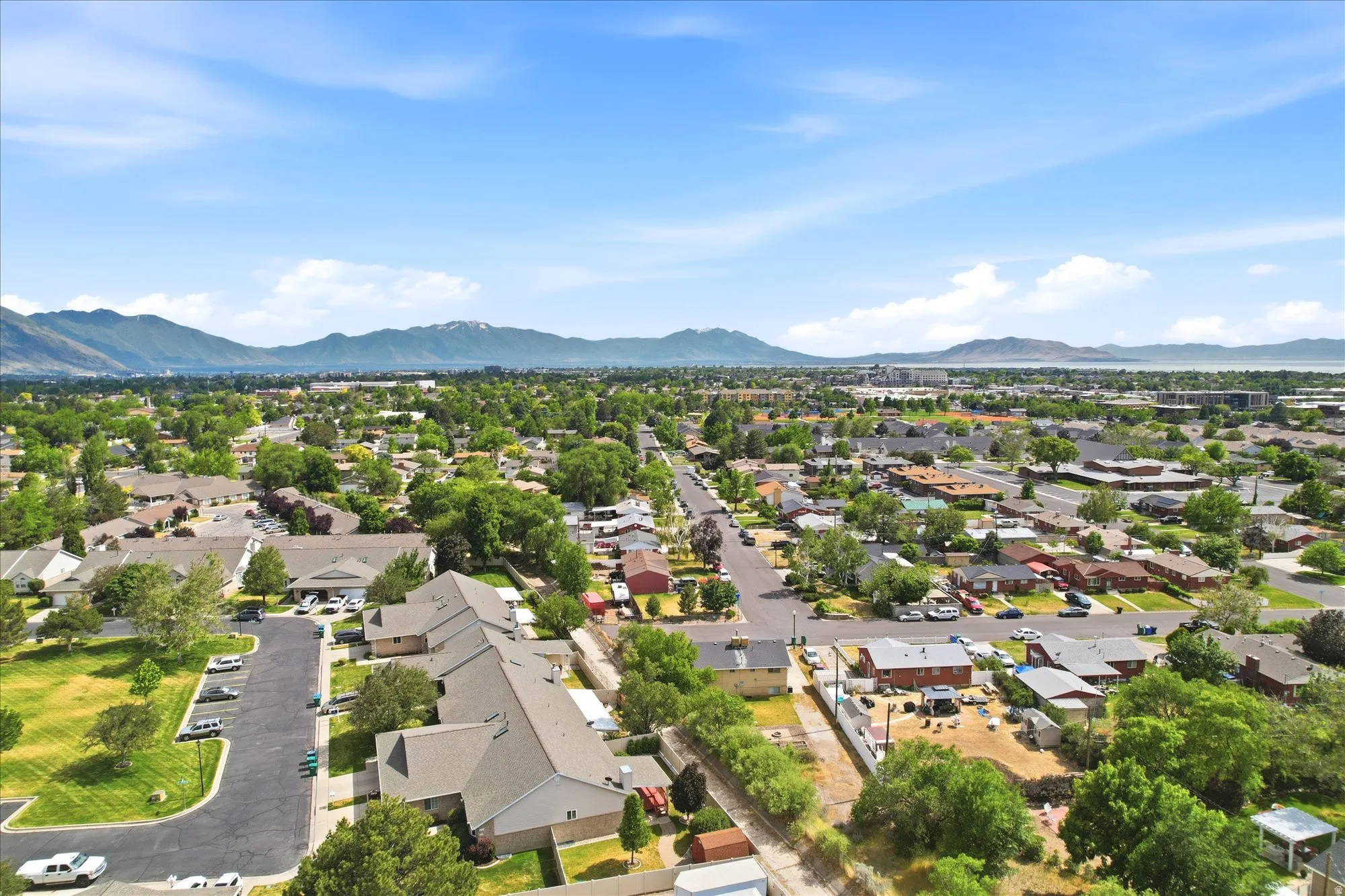 Expansive aerial perspective showcasing a verdant residential area with mature trees and a structured road network