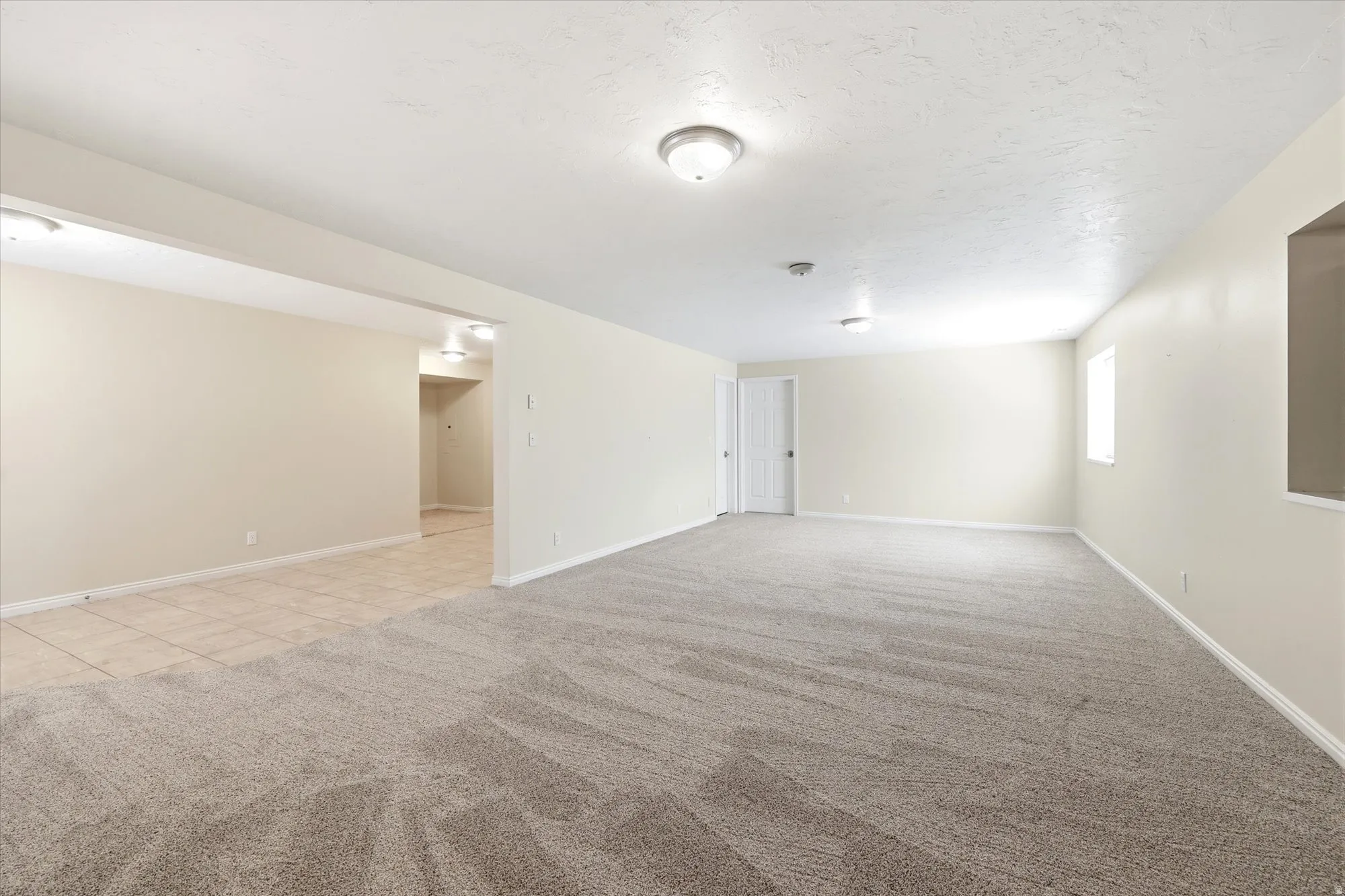 Expansive room featuring plush grey carpeting and neutral wall tones