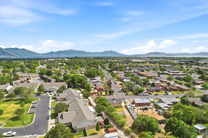 Expansive aerial perspective showcasing a verdant residential area with mature trees and a structured road network
