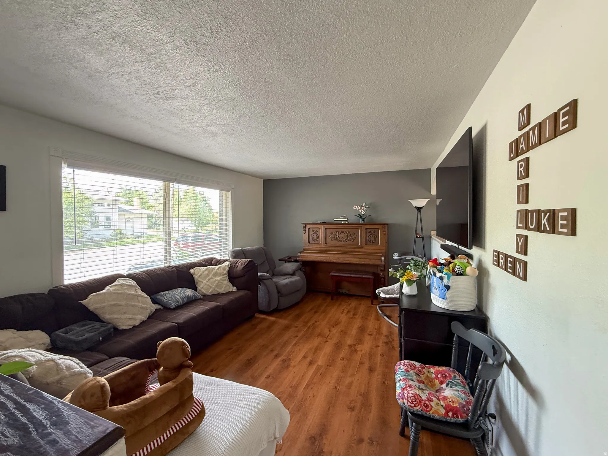 Living area featuring wood-finish flooring, a broad window with blinds, and painted walls