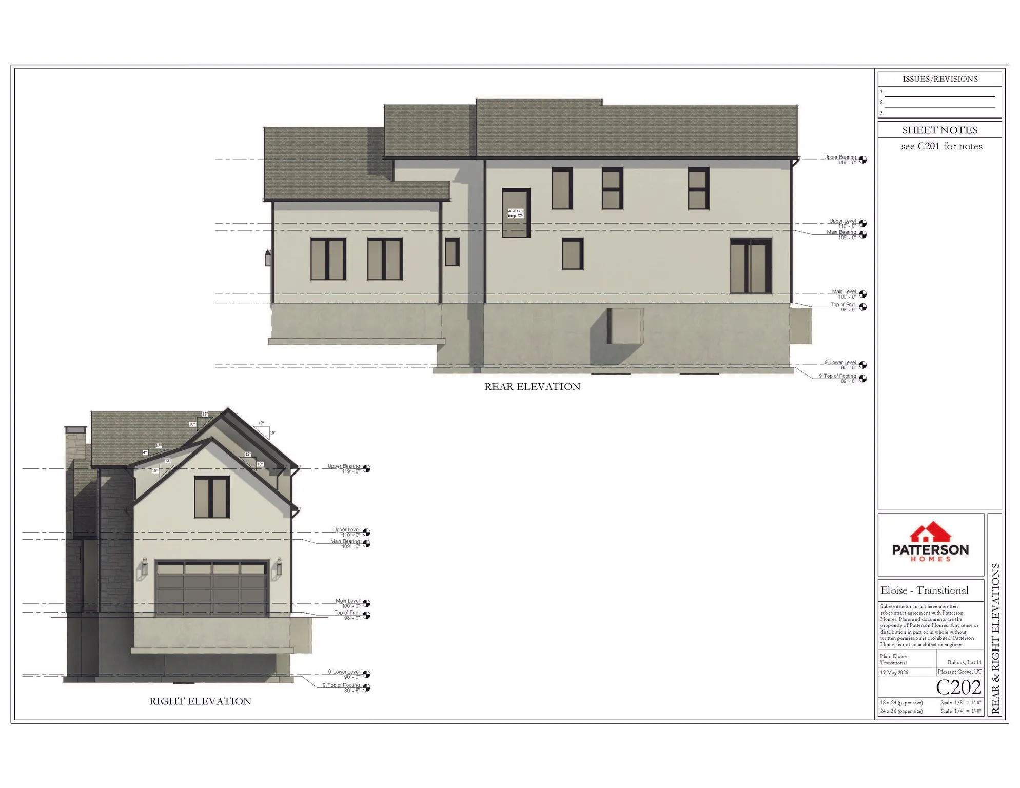 Architectural Drawing, Elevations. Displaying the rear and right side views of the property