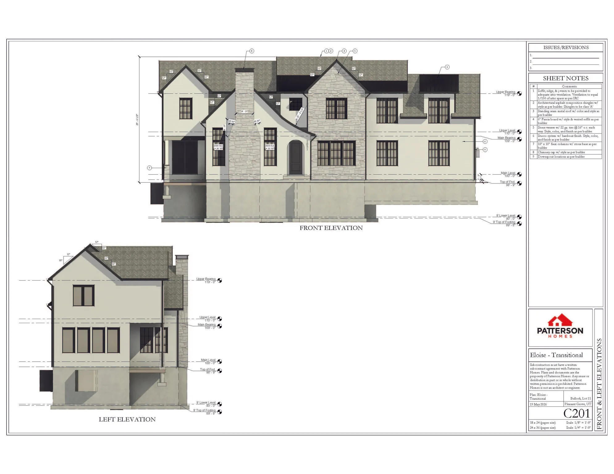 Architectural Drawing, Elevations. Displaying the front and left side views of the property's design