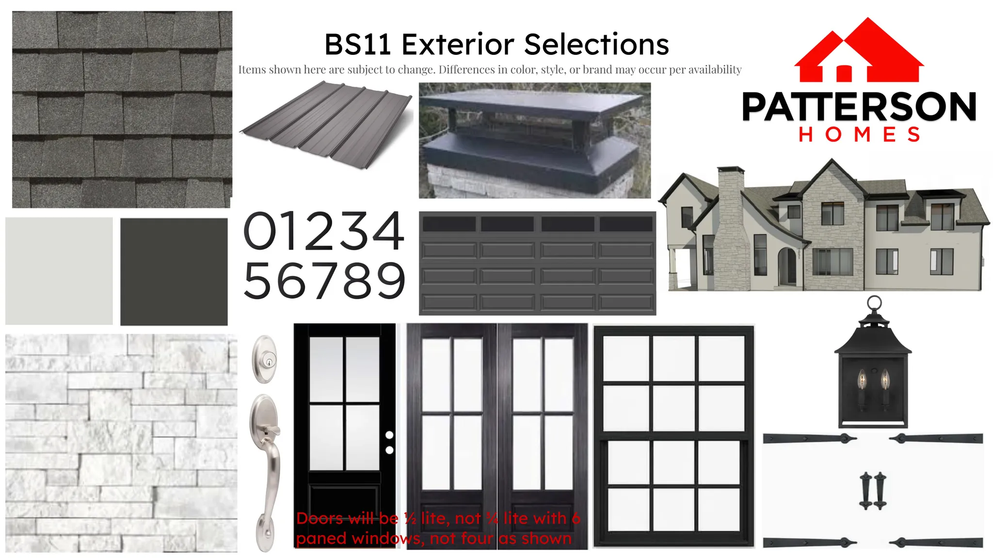Exterior Selections. Displaying various material and finish options for the property's exterior